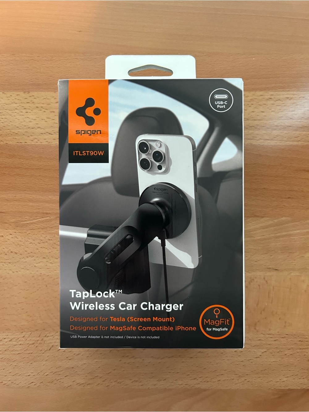Spigen TapLock Wireless Car Charger - Black with Orange Accent Text